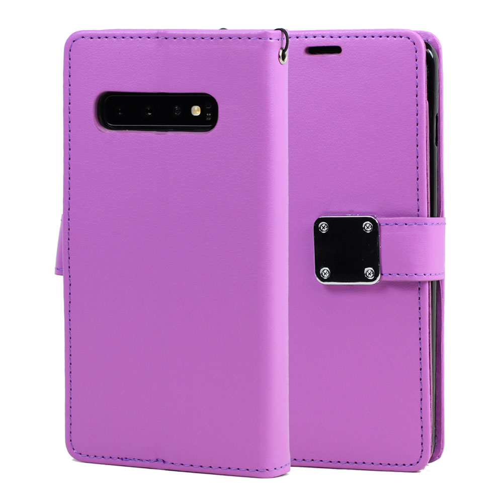 Galaxy S10+ (Plus) Multi Pockets Folio Flip LEATHER Wallet Case with Strap (Purple)